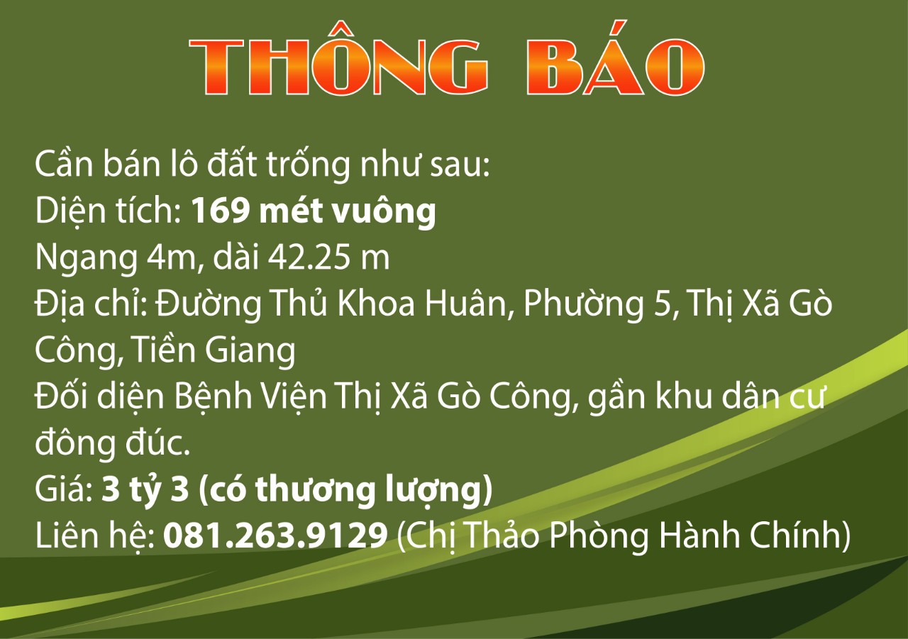 THÔNG BÁO BÁN LÔ ĐẤT GÒ CÔNG, TIỀN GIANG